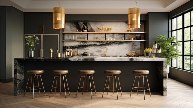Bring the bar home with a black marble counter. A brushed metal footrest and pendant lights set the scene for stylish gatherings.