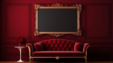 Luxurious lounge with a baroque-style empty frame on a burgundy wall. - obrazy, fototapety, plakaty