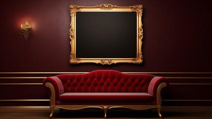 Luxurious lounge with velvet seating, and an empty frame on a golden wall.