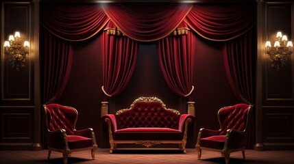 Luxurious room with velvet drapes, with a blank frame between two sconces.