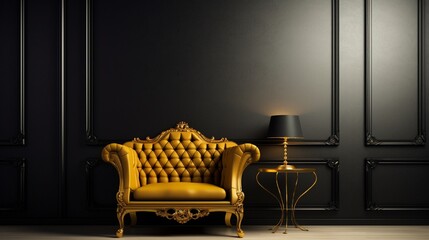 Luxurious lounge with velvet seating, and an empty frame on a golden wall.