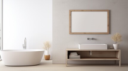 Minimalistic bathroom with an empty frame above a porcelain sink.