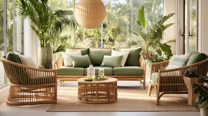 Bring the outdoors inside with a lounge featuring rattan furniture and green accents. It's a breath of fresh air in your living space.