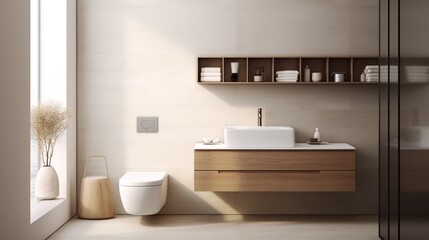 Fototapeta na wymiar Choose simplicity in a minimalist washroom with a wall-mounted toilet and clever hidden storage solutions.
