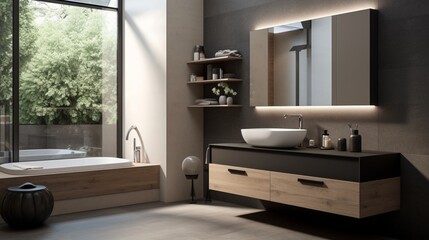 Choose modernity in a bathroom with a floating vanity and a vessel sink, creating a sleek and stylish atmosphere.
