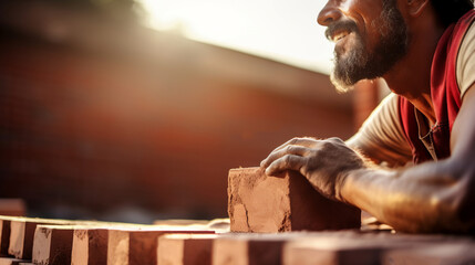 Bricklayer laying brick on cement on construction site. Close-up photo. Reduce the housing crisis...
