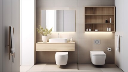 Fototapeta na wymiar Choose simplicity in a minimalist washroom with a wall-mounted toilet and clever hidden storage solutions.