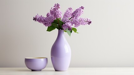  a purple vase with purple flowers in it and a cup.  generative ai