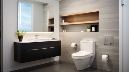 Choose simplicity in a minimalist washroom with a wall-mounted toilet and clever hidden storage solutions.