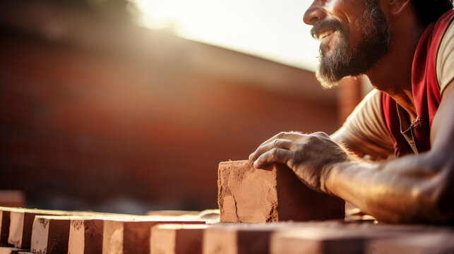 Bricklayer laying brick on cement on construction site. Close-up photo. Reduce the housing crisis by building more affordable houses concept.