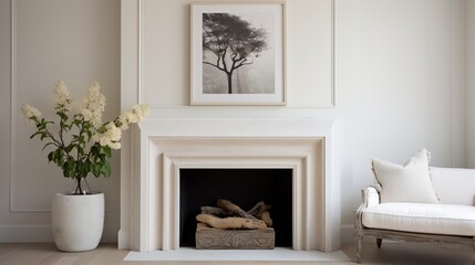White blank frame positioned above a sleek fireplace mantel.