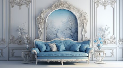 Winter-themed room in shades of white and blue with a blank frame.