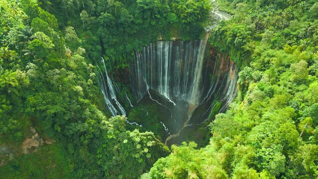 Aerial view Tumpak Sewu waterfall located in Lumajang, East Java, Indonesia.