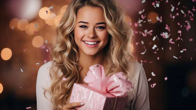 Photo portrait of excited blonde young woman holding gift box in two hands isolated on pastel pink coloured background with confetti, copy space