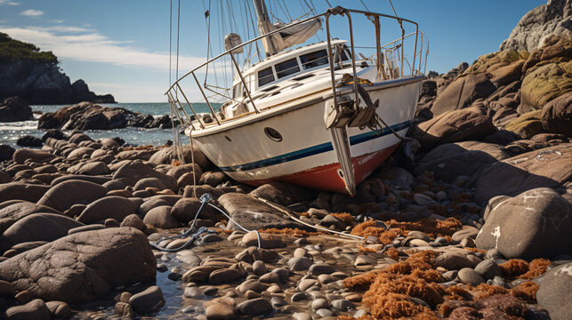 A high-definition picture of a leisure boat stuck on coastal rocks following an accident..