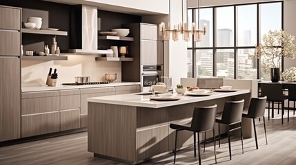 Cook up a storm in a neutral-toned kitchen with a waterfall island and sleek cabinetry. It's a chef's dream come true.