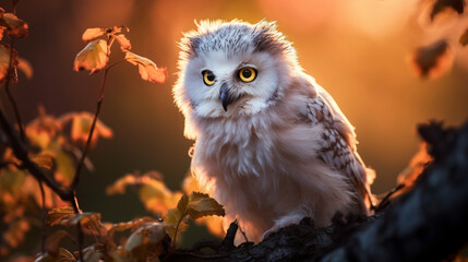 Cute fluffy white owl beautiful Backlight early september morning wildlife photo National Geographic multidimensional layering magical vibes