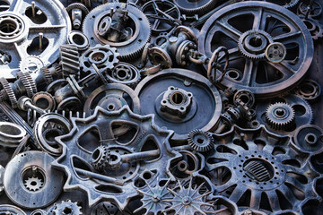 Metal gears background. Old and rusty spare parts for industrial machines in a landfill.