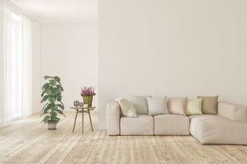 White living room with sofa. Scandinavian interior design. 3D illustration