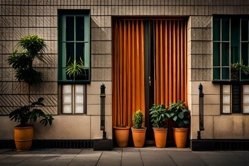 A lineup of potted plants adorns the building's edge, illuminated by the evening sun with a touch of orange - AI Generative