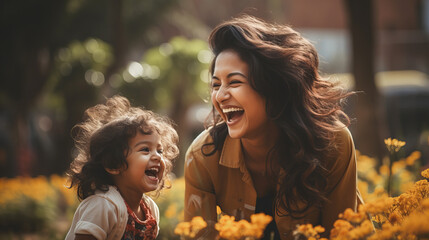 Joyful Moment with Mother and Child, heartwarming scene of a laughing mother and child amidst a sea of marigolds, capturing a genuine moment of joy and love
