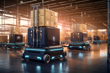 3D concept showcases AGV robots in automated retail warehouses, efficiently delivering cardboard boxes in distribution logistics centers.