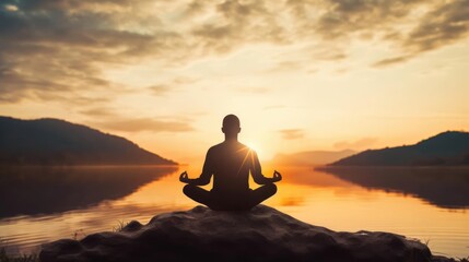 Man in yoga pose zen meditation at sunset  - obrazy, fototapety, plakaty