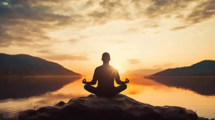 Rolgordijnen Man in yoga pose zen meditation at sunset  © Fred
