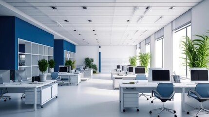 Modern white and blue open space office interior 
