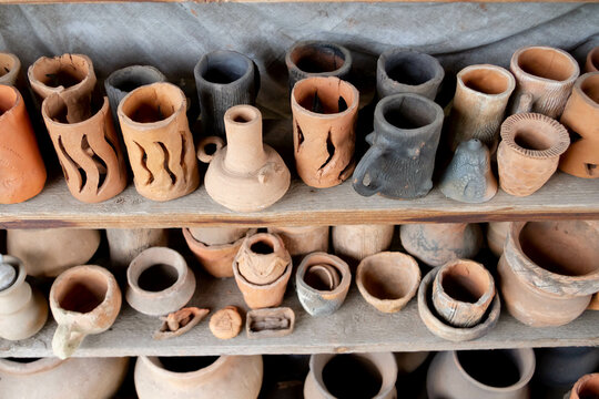 Exhibition of pottery. Pottery. Set of clay pots. The ancient art of making pottery.