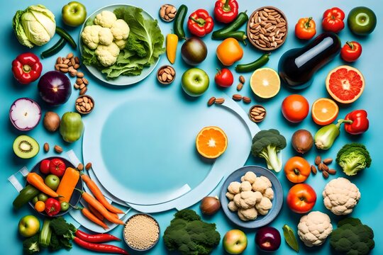 . Top view photo of plates with fruits and vegetables cabbage pepper cauliflower grapefruit nuts dumbbell and tape measure on isolated pastel blue background