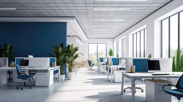 Modern white and blue open space office interior 