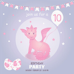 Cute baby girl dragon and dinosaur character, birthday invitation. 10 year. Vector illustration, eps 10