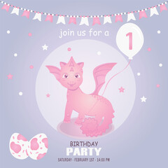 Cute baby girl dragon and dinosaur character, birthday invitation. 1 year. Vector illustration, eps 10
