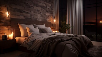 Drift into dreamland in a tranquil bedroom with earthy tones, textured fabrics, and ambient lighting.