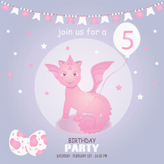 Cute baby girl dragon and dinosaur character, birthday invitation. 5 year. Vector illustration, eps 10 © Liliy