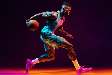 Fototapeta na wymiar Athletic prowess: Witness an African-American basketball player in dynamic motion, training against a neon-lit background.