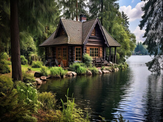 Fototapeta na wymiar A serene lakeside cottage exuding old-fashioned charm in vintage style, captured in a raw format.