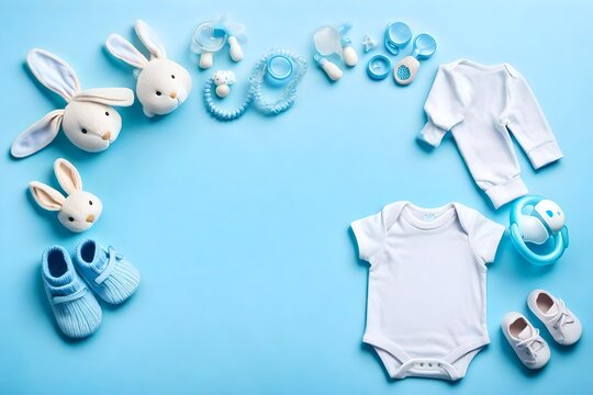 Baby accessories concept. Top view photo of infant clothes blue shirt knitted booties bunny toy teether rattle bottle and pacifier on isolated pastel blue background with empty space