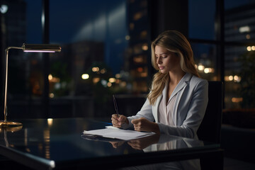 Beautiful busy businesswoman working late in dark office.