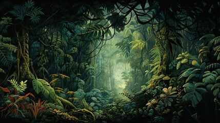 Fototapeta na wymiar a painting of a jungle with lots of trees and plants. generative ai