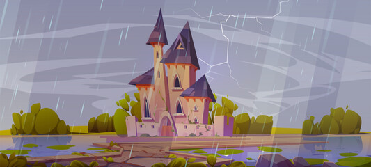 Royal castle with gates, windows and towers in rainy weather. Path to entrance to fabulous medieval palace for king, queen and princess. Cartoon gloomy vector landscape with cloudy sky and lightning.