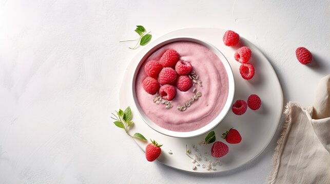  a bowl of yogurt with raspberries on a plate.  generative ai