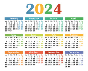 Calendar in English for 2024. The week starts on Monday.