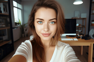 Beautiful and successful office woman with a confident look, in her incredible office