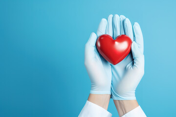 Hands in medical gloves holding a red heart shape model on blue background with copy space. Cardiology, organ donation or healthy heart concept.