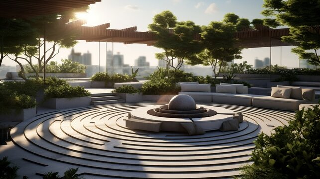 Elevate your zen in a rooftop garden featuring a central meditation labyrinth and soothing water sounds.