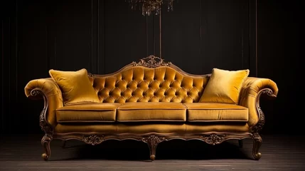 Foto op Plexiglas Embrace luxury with an opulent gold velvet sofa. Deep tufting and intricate carved wooden legs make it a masterpiece. © ZUBI CREATIONS