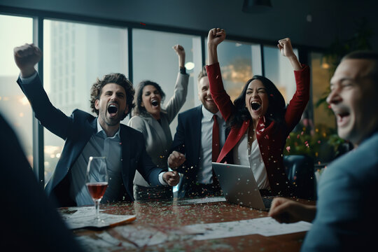 Happy overjoyed professionals group holding fists and triumphing at conference table.