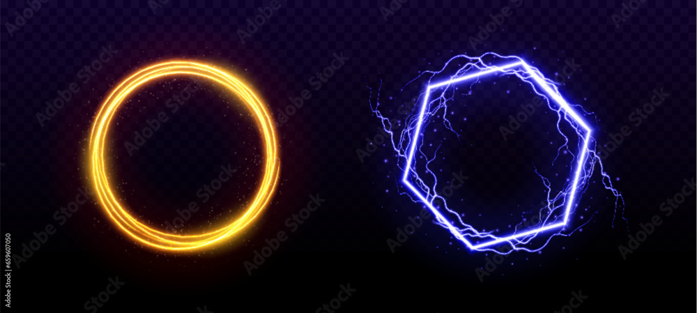Poster magic portals set with lightning strike and shimmering effects. vector realistic illustration of rou